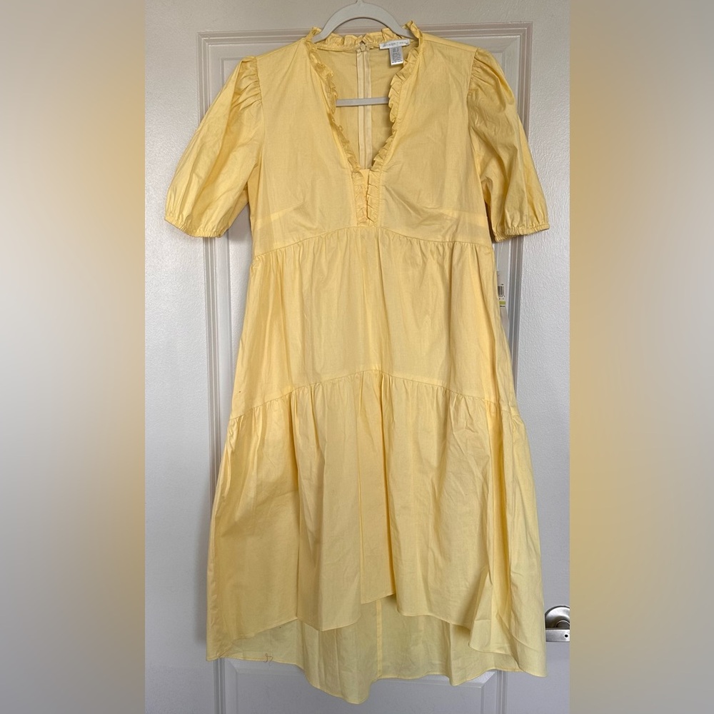 NWT! London Times Yellow Midi Dress with Ruffled Neckline Size 4